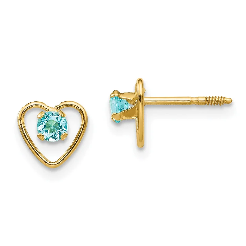 14KT Yellow Gold 3MM Round Blue Zircon 6MM Heart Childrens Birthstone Stud Earrings