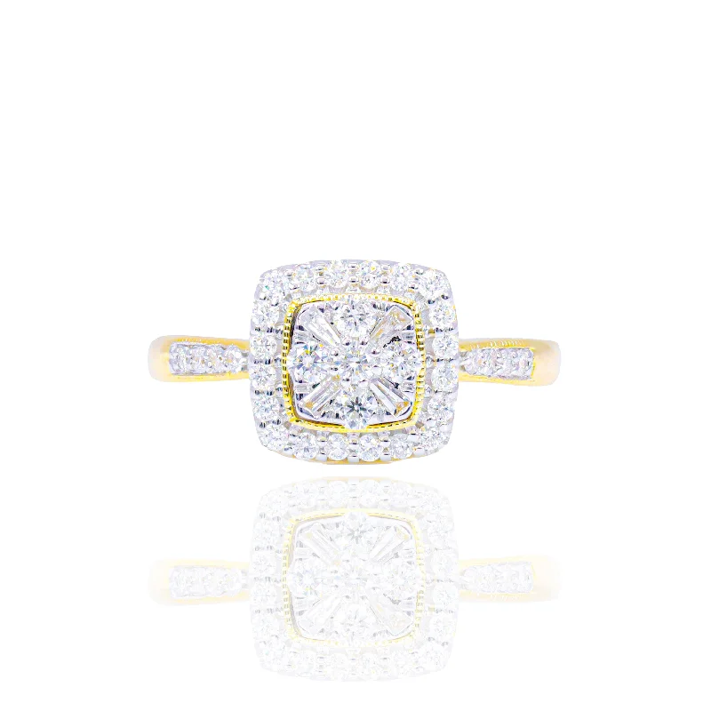 Baguette & Round Center Diamond Engagement Ring w/ Halo