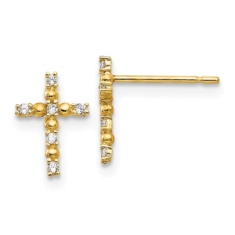 14KT Yellow Gold Cubic Zirconia 10X7MM Childrens Cross Stud Earrings