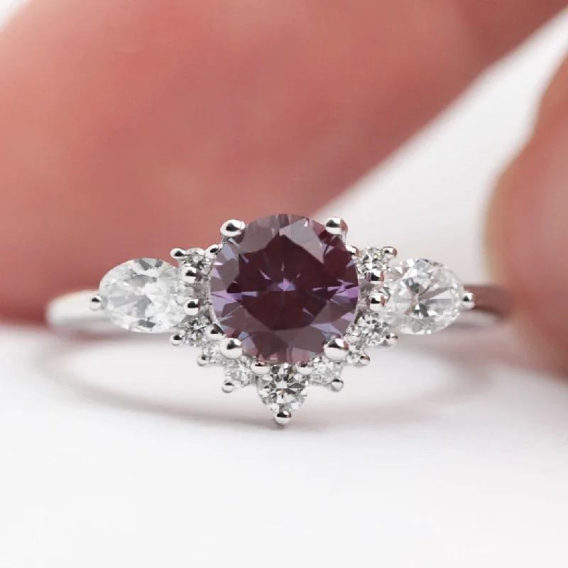 Alexandrite and lab diamond cluster engagement ring