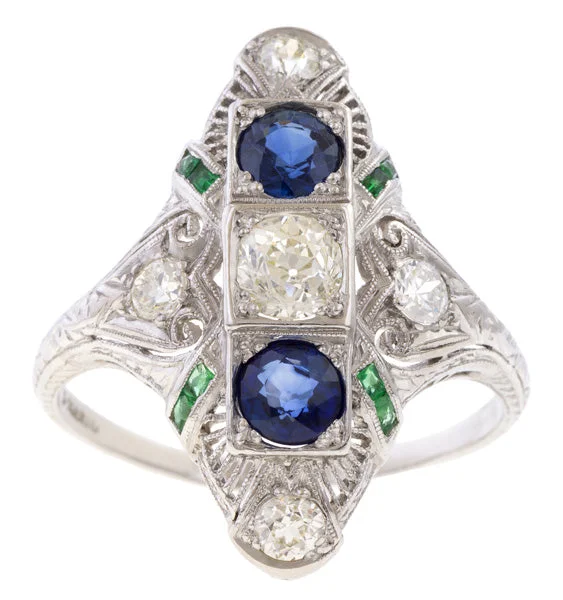 Art Deco Diamond, Sapphire & Emerald Dinner Ring