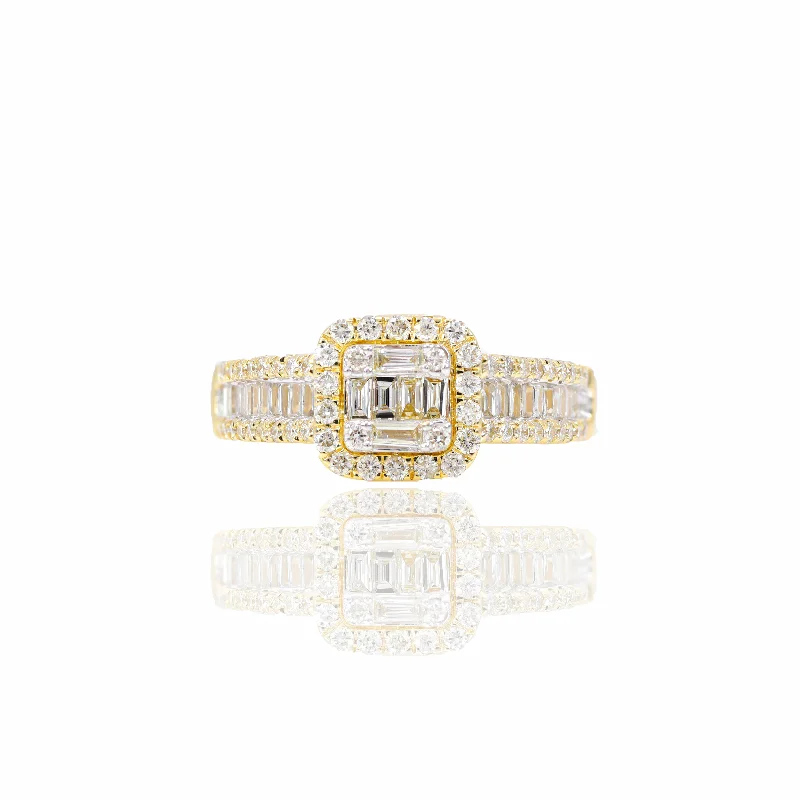 Baguette Diamond  Engagement Ring w/ Halo & Wedding Band