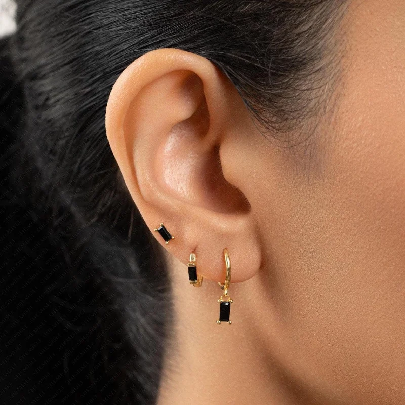 Black Baguette CZ Studs Huggies Drop Hoop Earrings Stack Set, Unisex, Gold, Silver SHEMISLI SS458, SH402, SH314