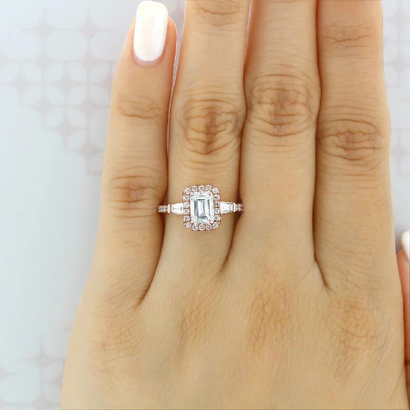 1.60 ct Emerald cut Halo Moissanite Engagement Ring