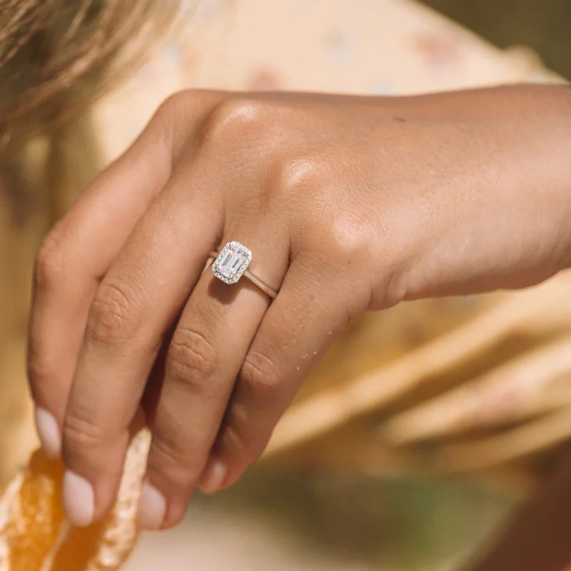 Emerald cut Halo Moissanite Engagement Ring