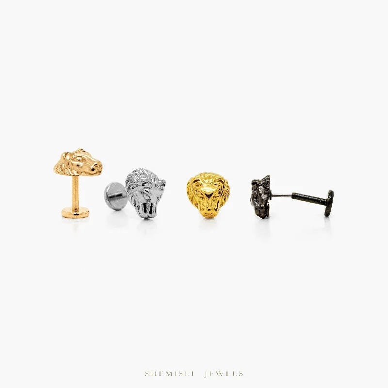 Small Lion Head Threadless Flat Back Earrings, 20,18,16ga, 5-10mm, Unisex, Surgical Steel, SHEMISLI SS577