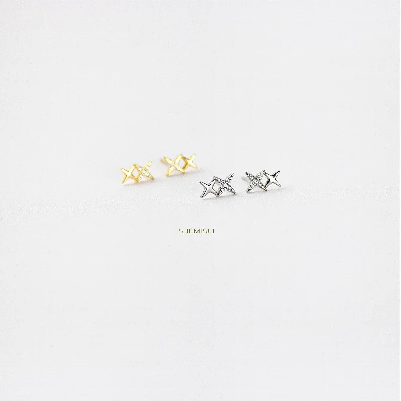 Double Star Studs Earrings, Starburst Pave CZ Studs, Tiny Celestial, Dainty Stacking Earrings, Gold, Silver SHEMISLI SS038