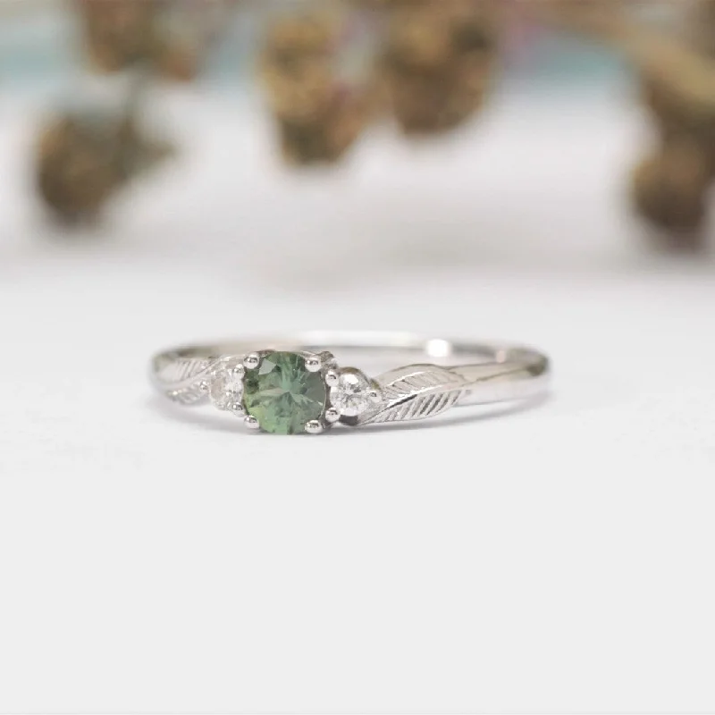 Green Sapphire and Diamond Leaf Engagement Ring