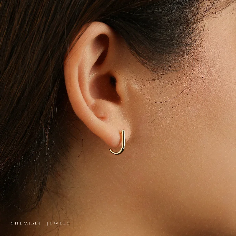 L Shape Small Bar Studs, Hook Hoop Earrings,  Unisex, Gold, Silver - SS052