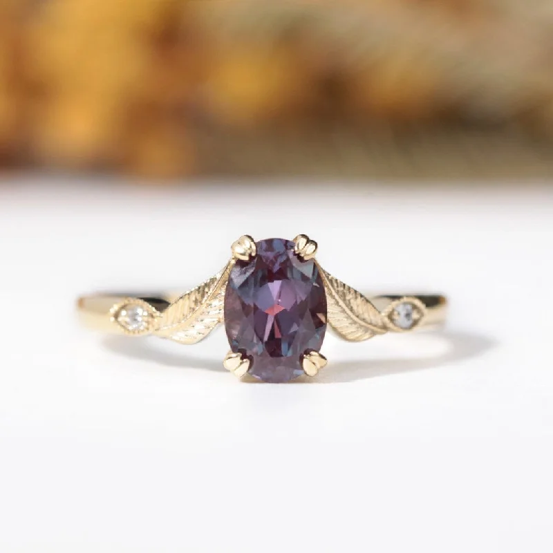 Oval Alexandrite Leaf Engagement Ring