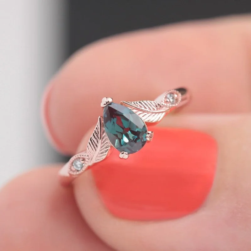 Pear Alexandrite Leaf Engagement Ring