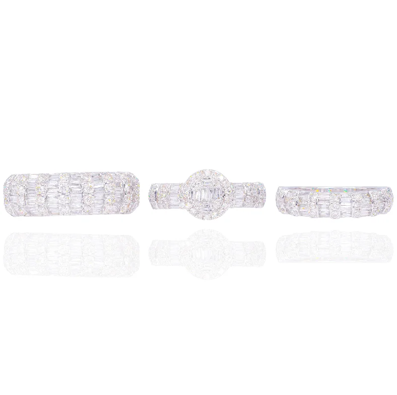 Round Diamond Engagement Ring w/ Baguettes Chanel Set and Halo (Trio-Set)