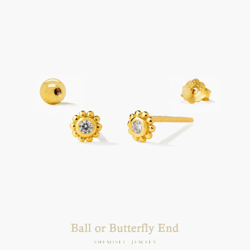 Super Tiny Beaded Bezel CZ Stud Earrings, Unisex, Gold, Silver SHEMISLI SS975 Butterfly End, SS976 Screw Ball End (Type A)