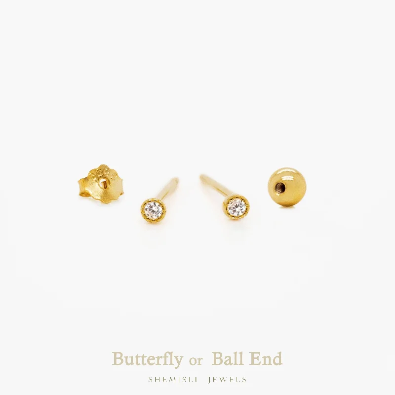 Super Tiny White CZ Stone Studs, Unisex, Gold, Silver SHEMISLI - SS231 Butterfly End, SS964 Screw Ball End (Type A)