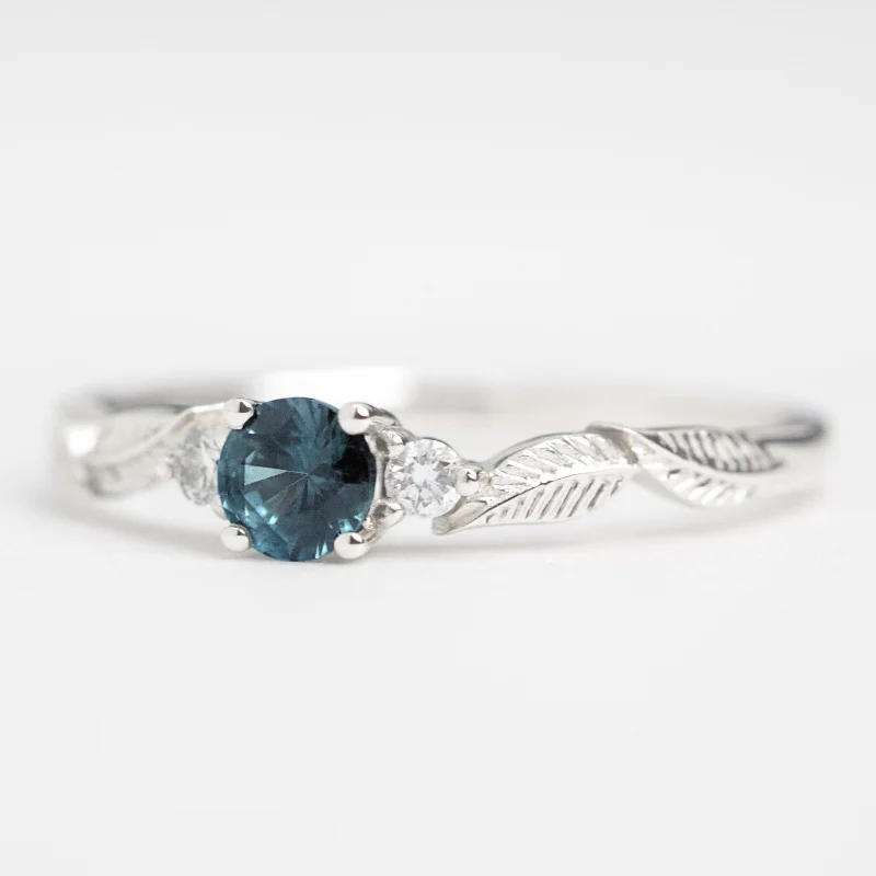 Teal Sapphire and Diamond Leaf Engagement Ring