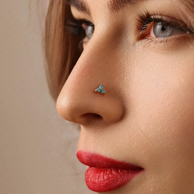 Tiny 3-Petal Turquoise Flower Threadless Flat Back Nose Stud, 20,18,16ga, 5-10mm, Unisex, Surgical Steel, SHEMISLI SS570