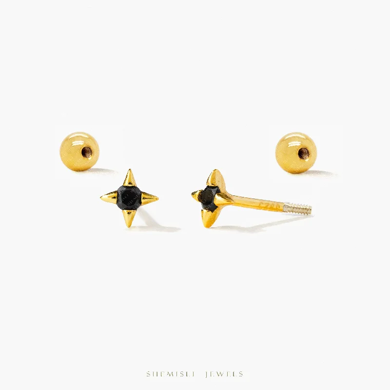 Tiny 4 Pointed Star With Black Gem Stud Earrings With Screw Ball End, Unisex, Gold, Silver SHEMISLI SS954