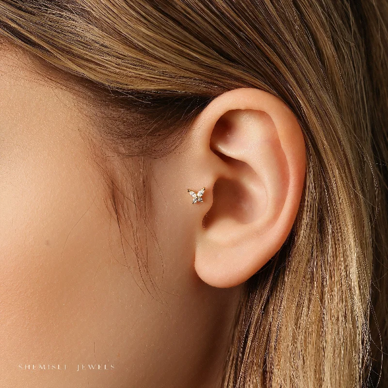 Tiny Butterfly White Stone Threadless Flat Back Tragus Stud, 20,18,16ga, 5-10mm, Unisex, Surgical Steel, SHEMISLI SS553