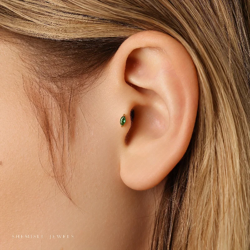 Tiny Emerald Marquise Threadless Flat Back Tragus Stud, 20,18,16ga, 5-10mm, Unisex, Surgical Steel, SHEMISLI SS582