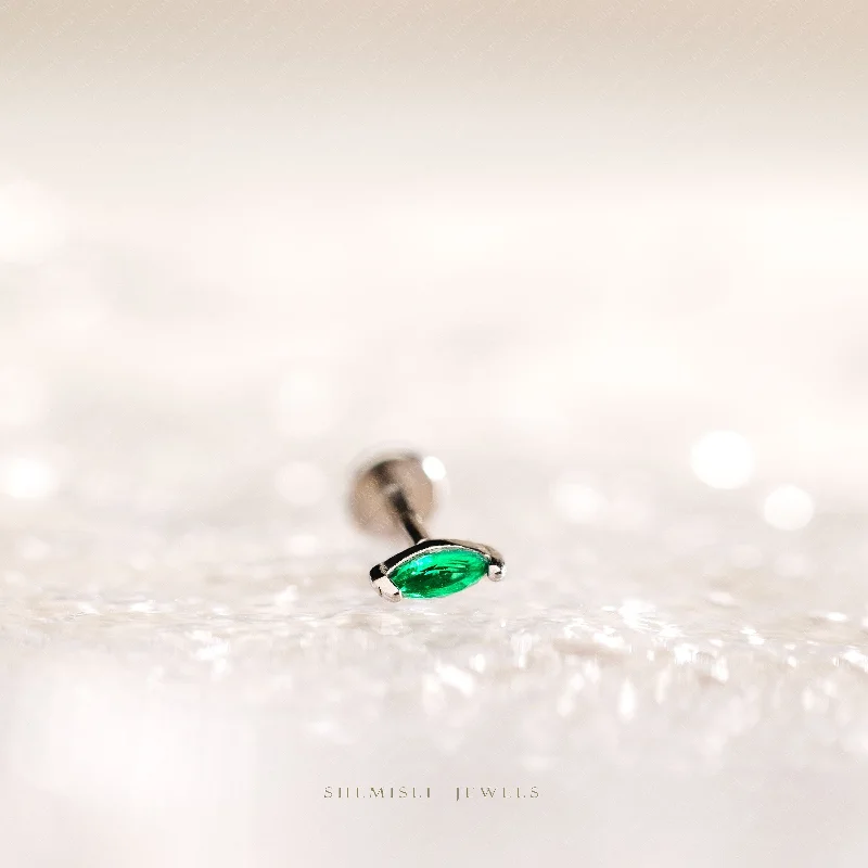 Tiny Emerald Marquise Threadless Flat Back Lip Labret Stud, 18,16ga, 6-10mm, Unisex, Surgical Steel, SHEMISLI SS582