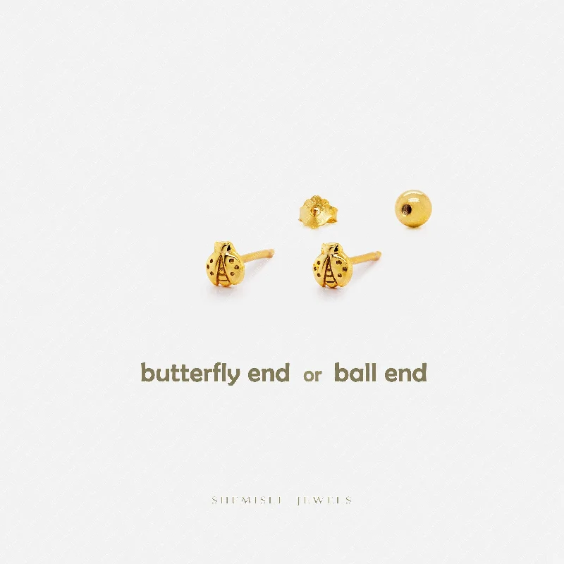 Tiny Ladybug Stud Earrings, Unisex, Gold, Silver SS811 Butterfly End, SS812 Screw Ball End (Type A)