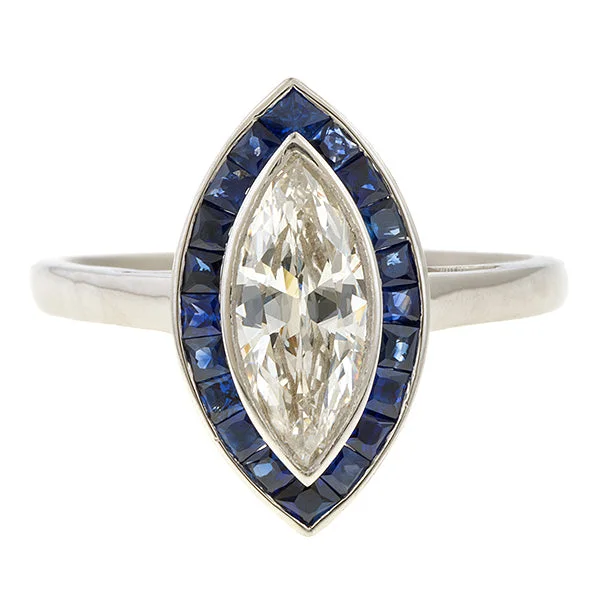 Vintage Diamond & Sapphire Engagement Ring, Marquise 0.80ct.