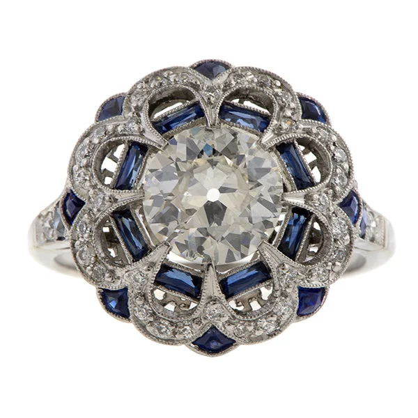 Vintage Engagement Ring with Sapphires, Old Euro 1.40ct.