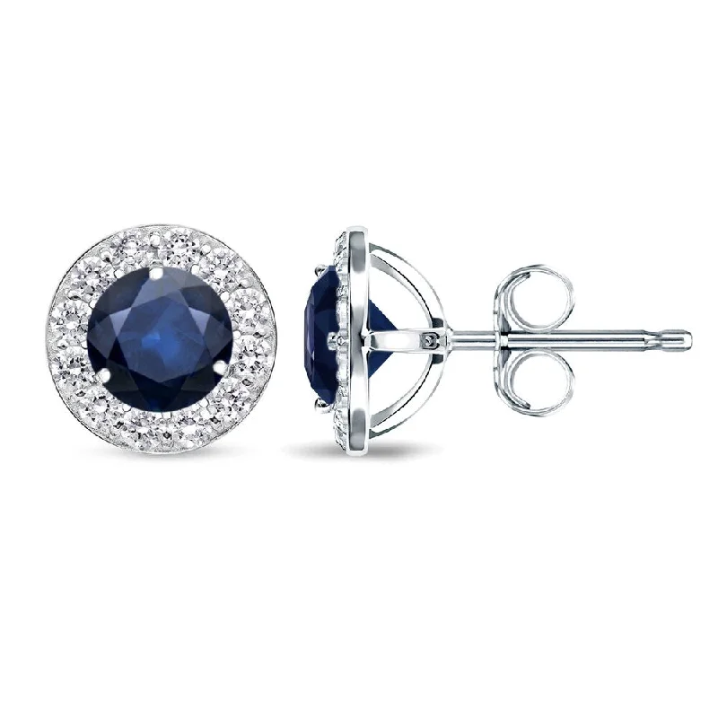 14k Gold Round 1ct Blue Sapphire and 1/2ct TDW Diamond Halo Stud Earrings by Auriya