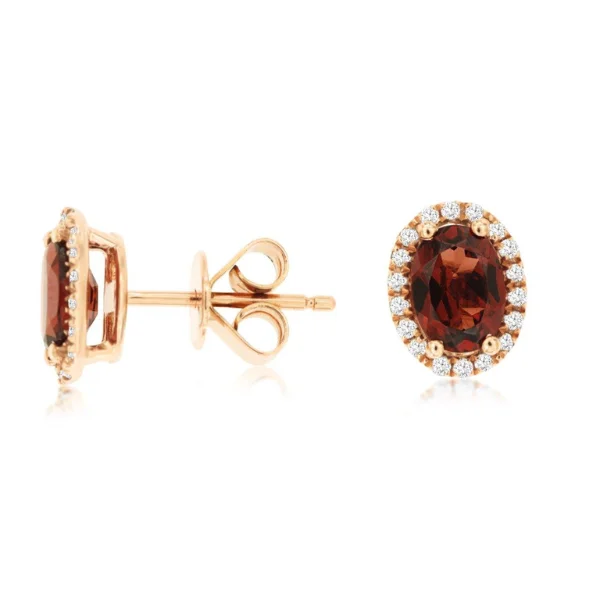 14K Rose Gold Garnet and Diamond Stud Earrings