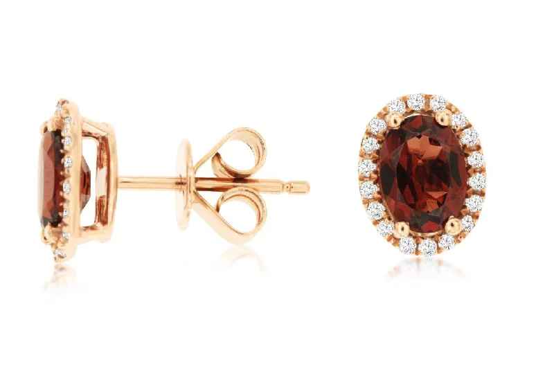 14K Rose Gold Garnet and Diamond Stud Earrings