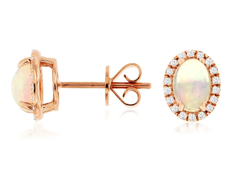 14K Rose Gold Oval Opal and Diamond Halo Stud Earrings