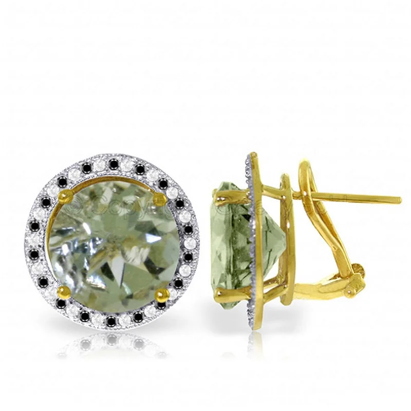 14K Solid Gold Stud Earrings Black / White Diamond & Green Amethyst