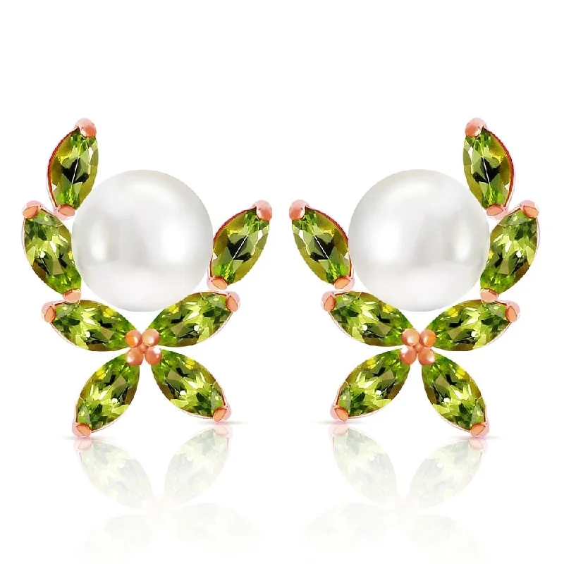 14K Solid Rose Gold Stud Earrings with Natural Peridots & pearls