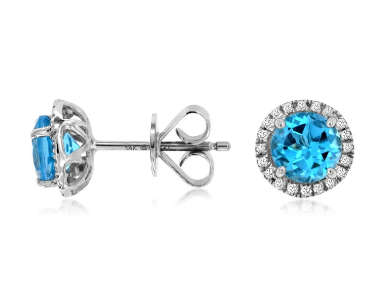 14K White Gold Blue Topaz and Diamond Halo Stud Earrings