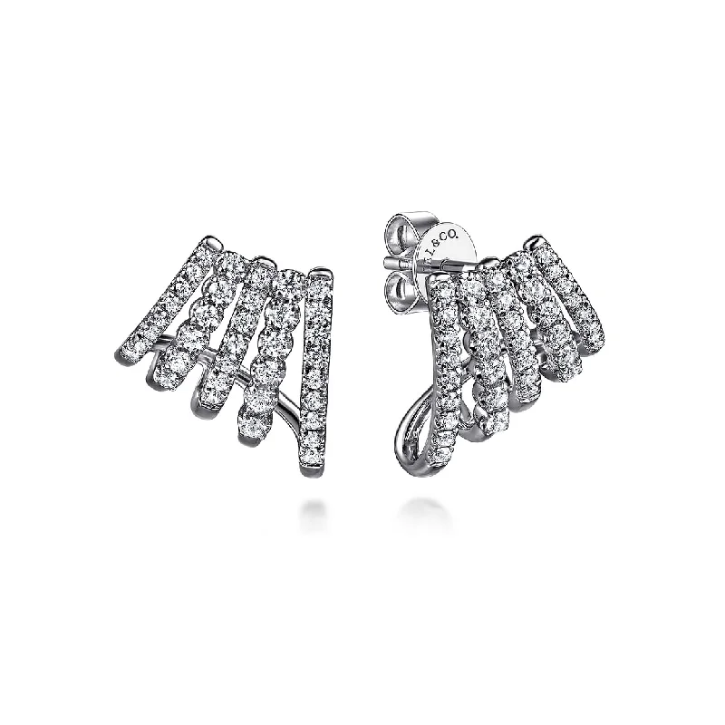 14K White Gold Diamond J Hoop Stud Earrings