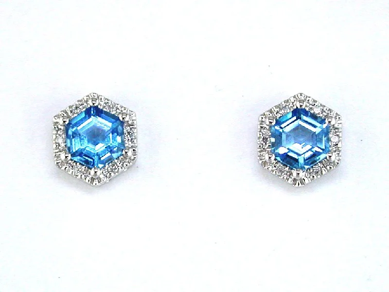 14K White Gold Hexagon Blue Topaz with Diamond Halo Stud Earrings