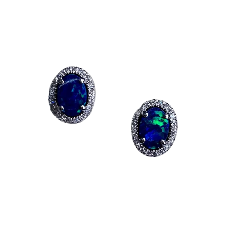 14K White Gold Opal and Diamond Stud Earrings