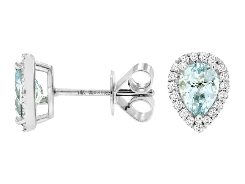 14K White Gold Pear Shaped Aquamarine and Diamond Stud Earrings