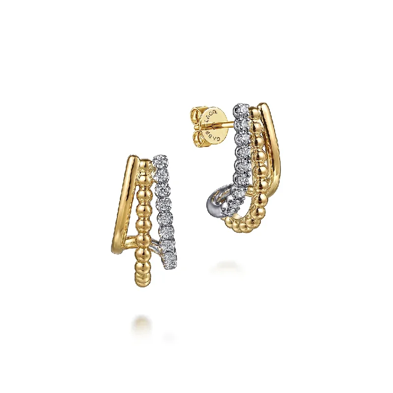 14K White Yellow Gold Bujukan Diamond 3 Row J Hoop Stud Earrings