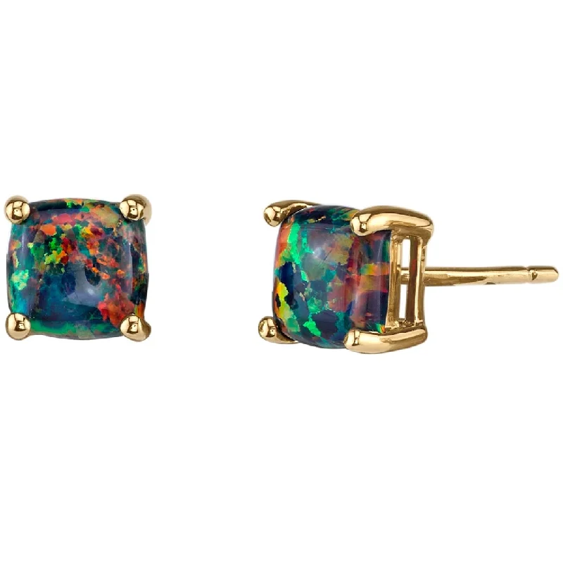 14k Yellow Gold Black Opal Stud Earrings 1 ct Cushion Shape