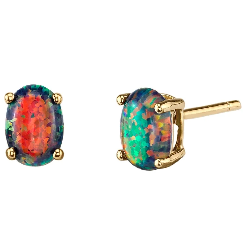 14k Yellow Gold Black Opal Stud Earrings 1 ct Oval Shape