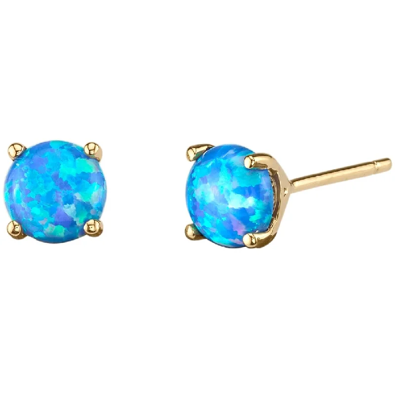 14k Yellow Gold Blue Opal Stud Earrings 1 ct Round Shape