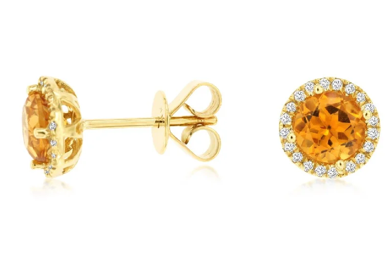 14k Yellow Gold Citrine and Diamond Stud Earrings