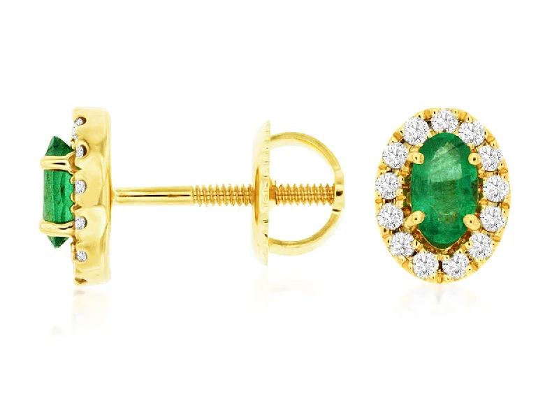 14K Yellow Gold Emerald and Diamond Stud Earrings