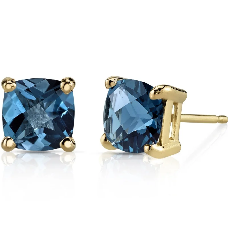 14k Yellow Gold London Blue Topaz Stud Earrings 2.21 ct Cushion Shape