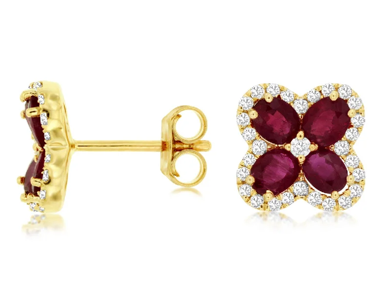 14K Yellow Gold Ruby and Diamond Flower Inspired Stud Earrings