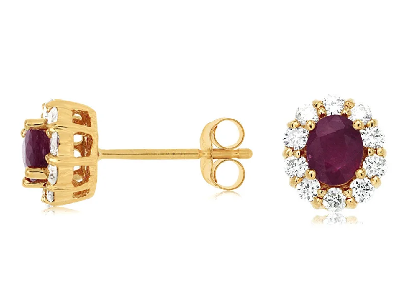 14K Yellow Gold Ruby and Diamond Stud Earrings