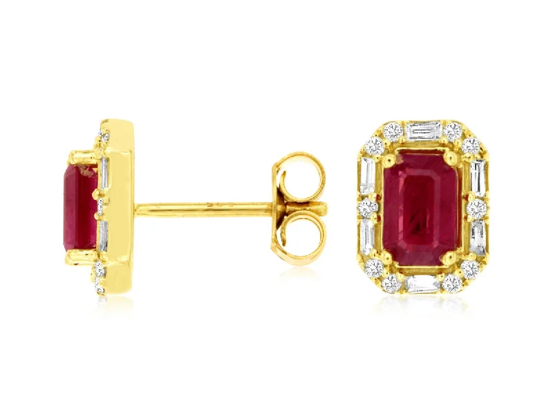 14K Yellow Gold Ruby and Diamond Stud Earrings