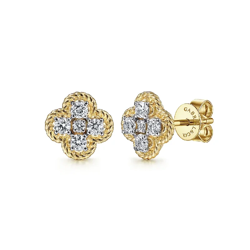 14K Yellow Gold Twisted Rope Diamond Stud Earrings