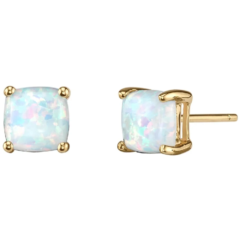 14k Yellow Gold White Opal Stud Earrings 1 ct Cushion Shape